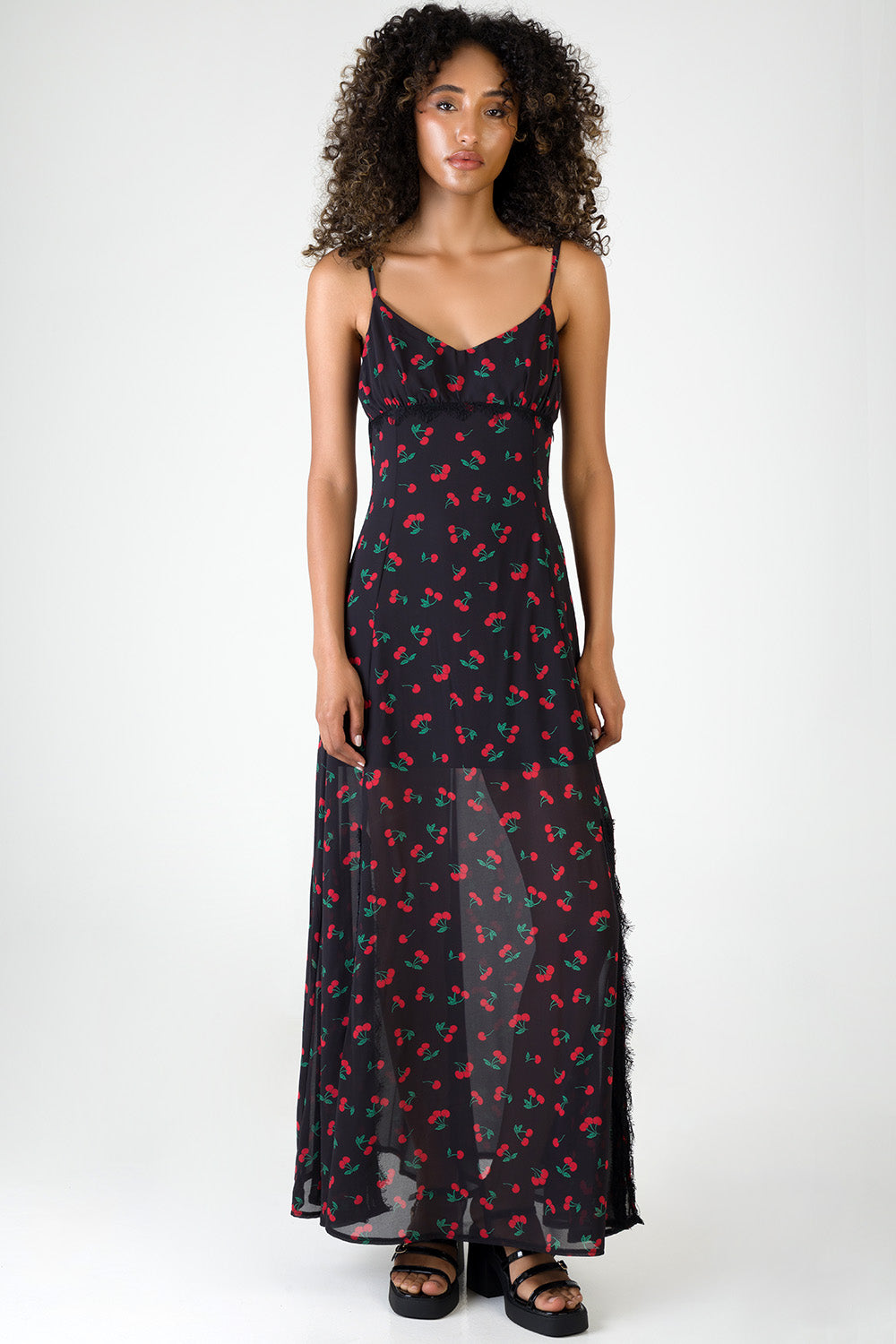 Underbust Cutline & Lace Trim Detail Maxi Dress - Black/Red