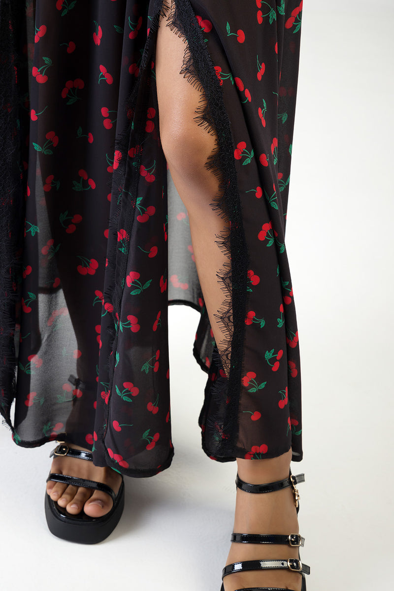 Underbust Cutline & Lace Trim Detail Maxi Dress - Black/Red