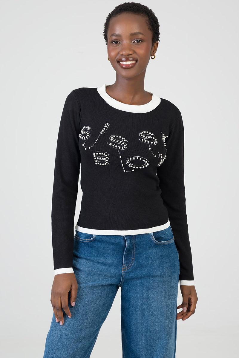 City Lights Long Sleeve Knit Top With Tipping - Black/White