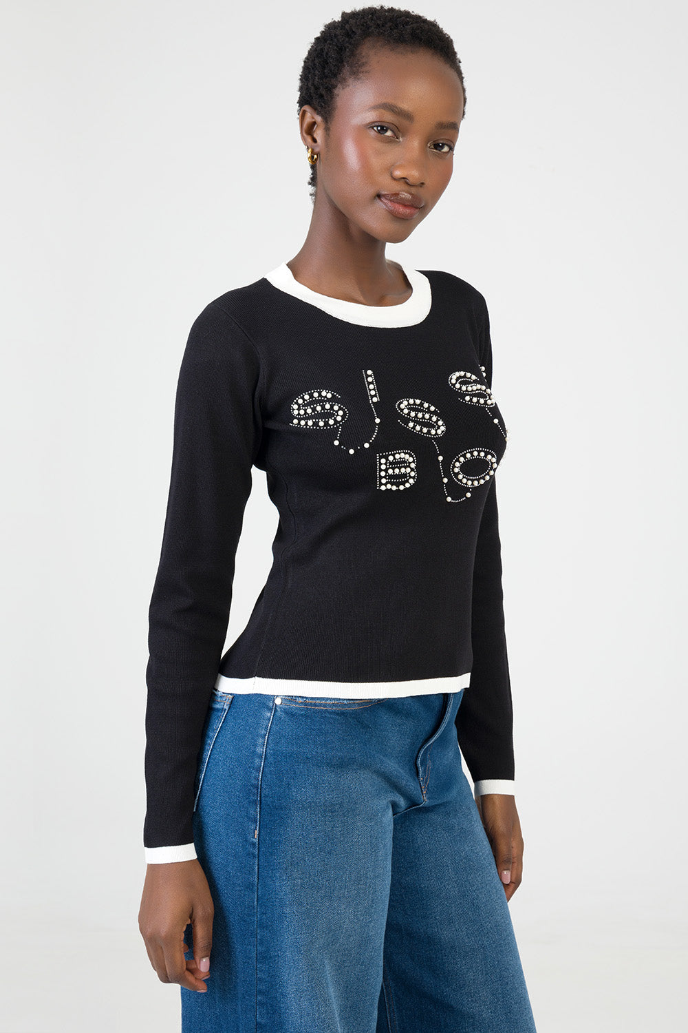 City Lights Long Sleeve Knit Top With Tipping - Black/White