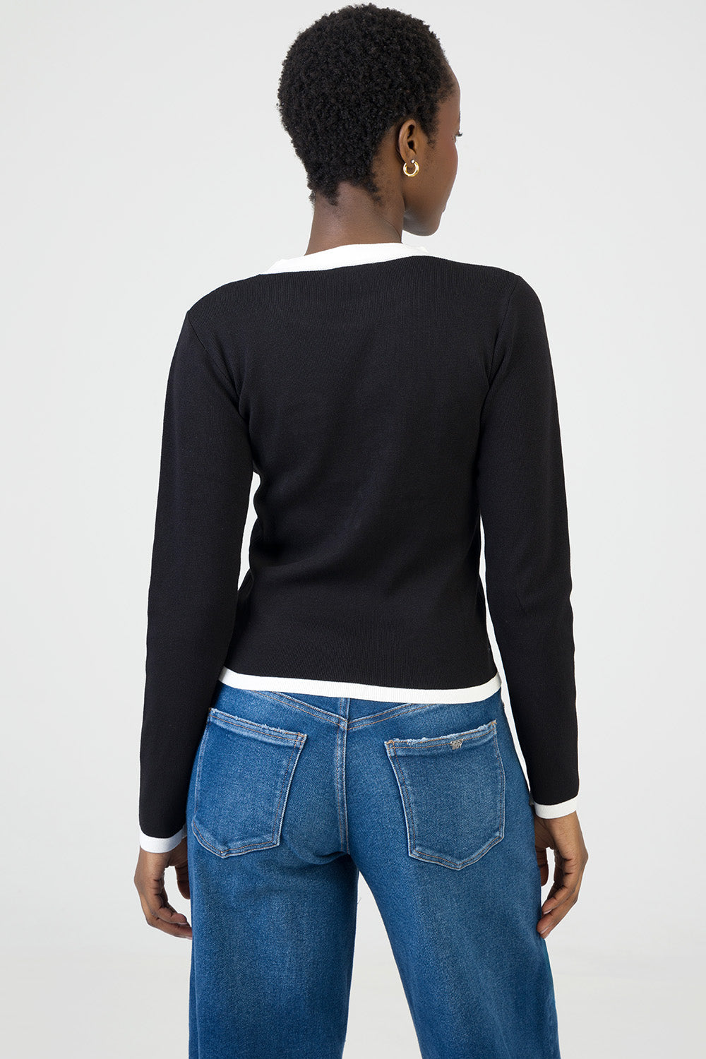 City Lights Long Sleeve Knit Top With Tipping - Black/White