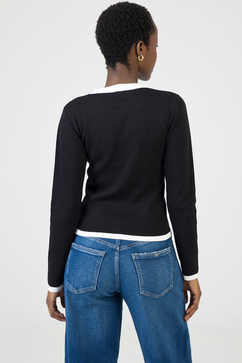 City Lights Long Sleeve Knit Top With Tipping - Black/White