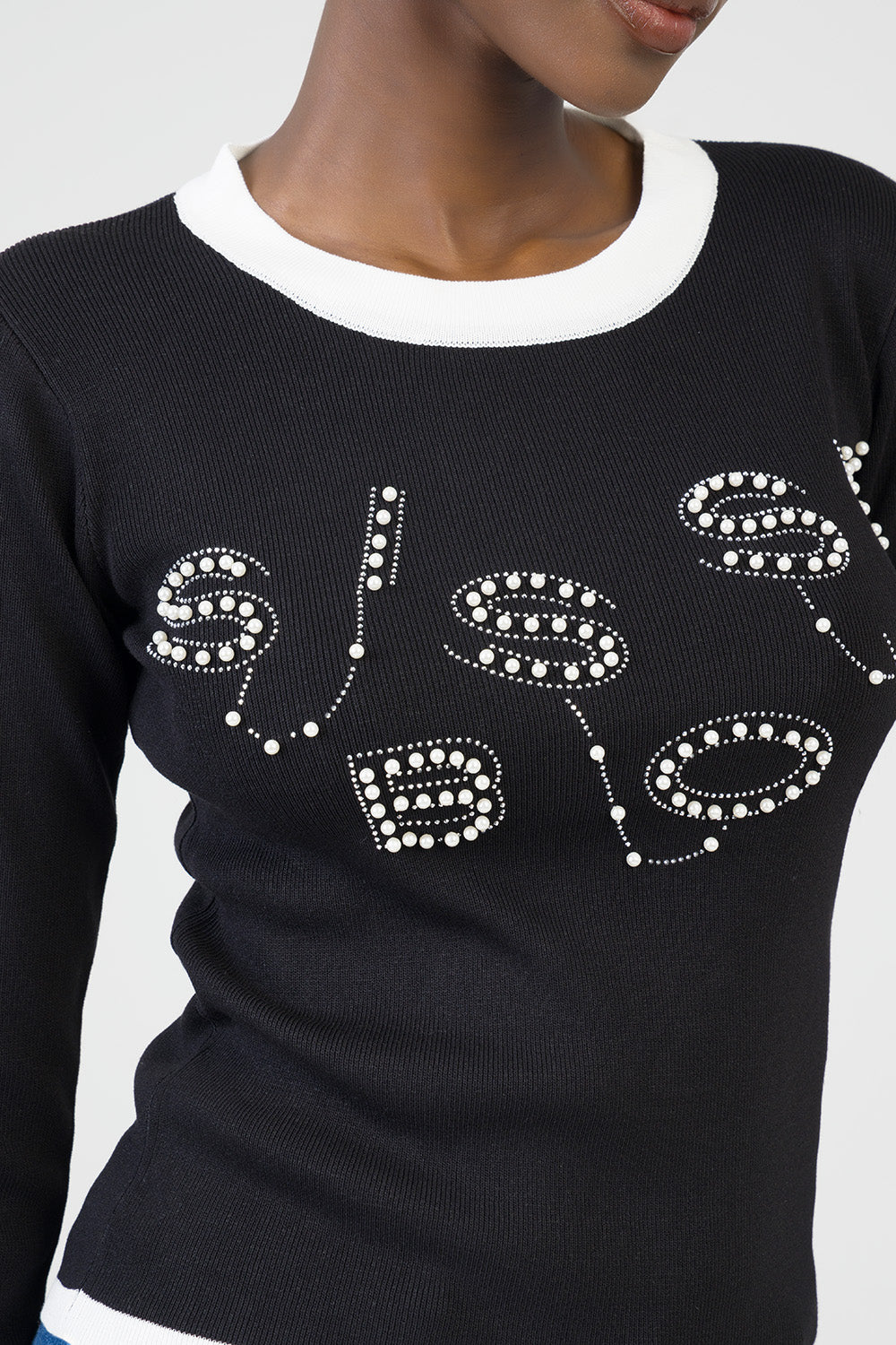 City Lights Long Sleeve Knit Top With Tipping - Black/White
