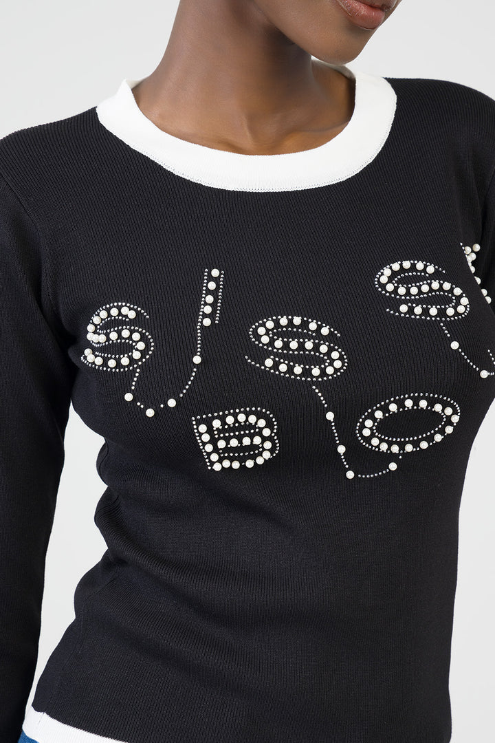 City Lights Long Sleeve Knit Top With Tipping - Black/White