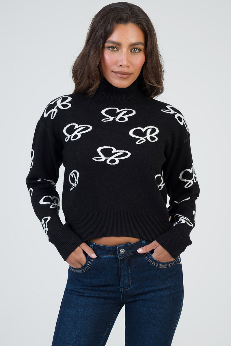 New In Town Oversized Polo Neck Knit Jersey - Black/White