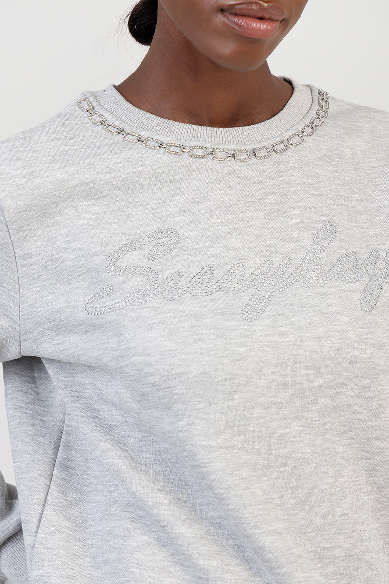 Notice Me Logo Sweat Top With Bling Branding - Grey Melange