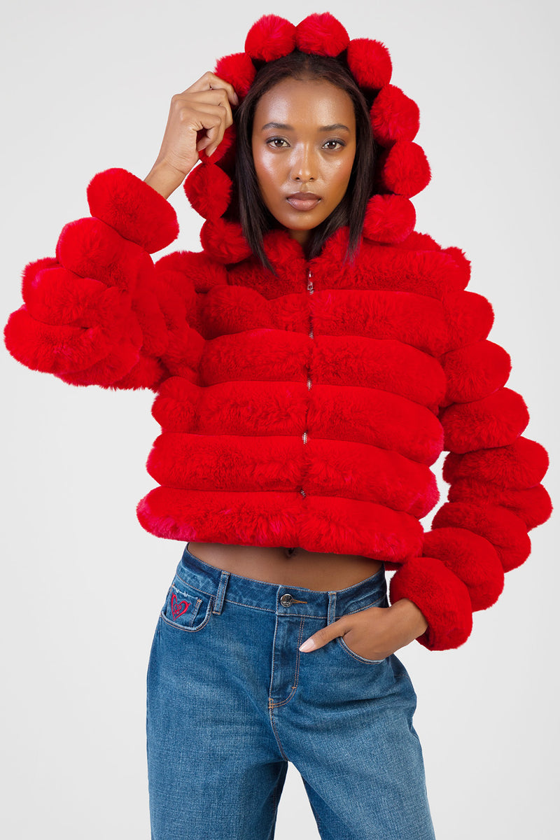 Sweet & Simple Faux Fur Hooded Quilted Jacket - Red