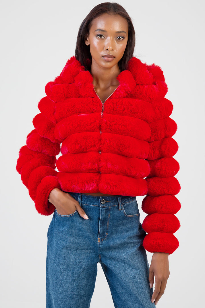 Sweet & Simple Faux Fur Hooded Quilted Jacket - Red