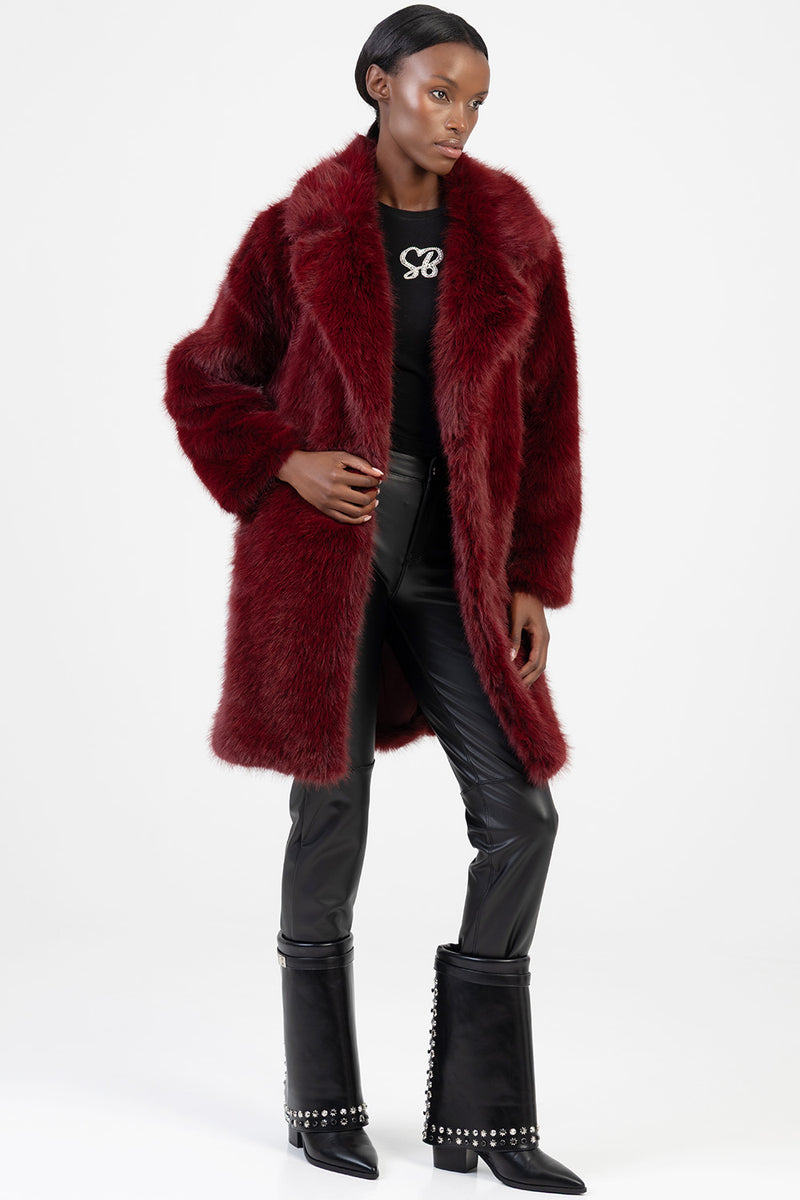 Queen Of Hearts Faux Fur Coat - Burgundy