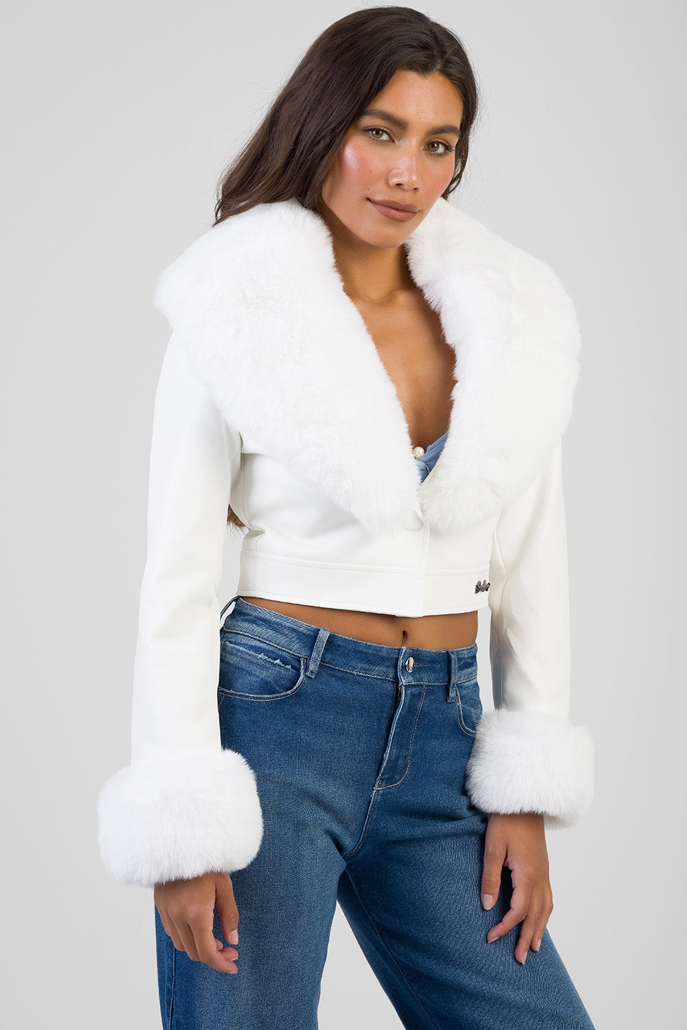 Vikky Faux Fur & Leather Combination Jacket - White