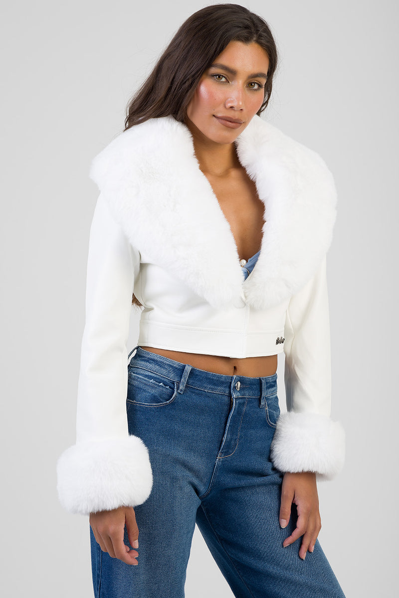 Vikky Faux Fur & Leather Combination Jacket - White