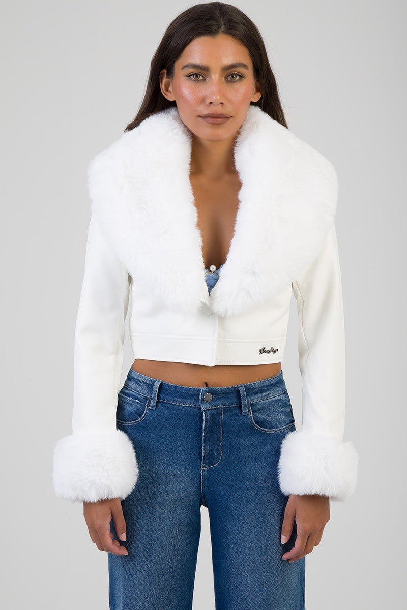 Vikky Faux Fur & Leather Combination Jacket - White