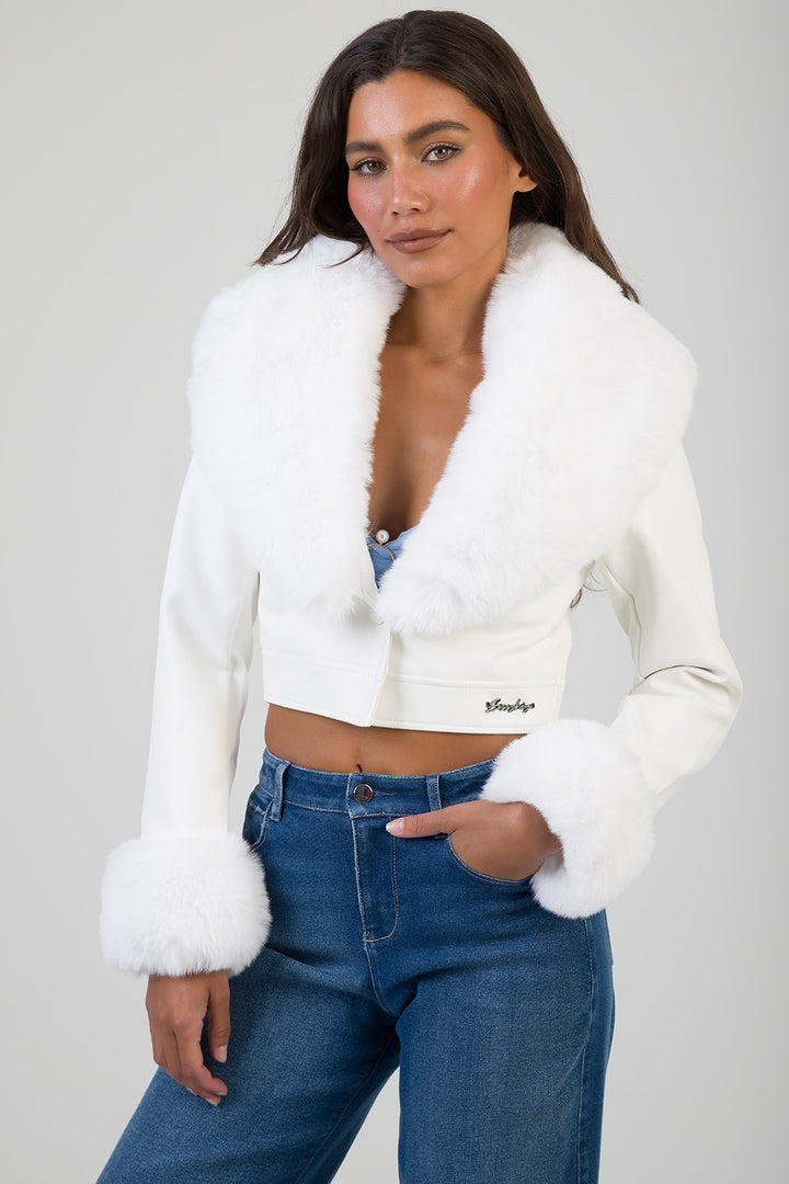Vikky Faux Fur & Leather Combination Jacket - White