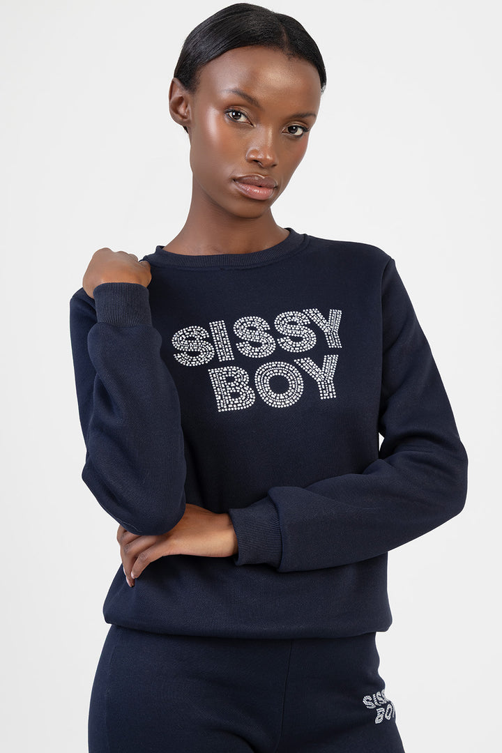 Hard To Forget Bling Detail Logo Sweat Top - Navy