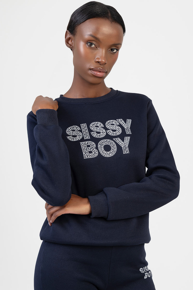 Hard To Forget Bling Detail Logo Sweat Top - Navy