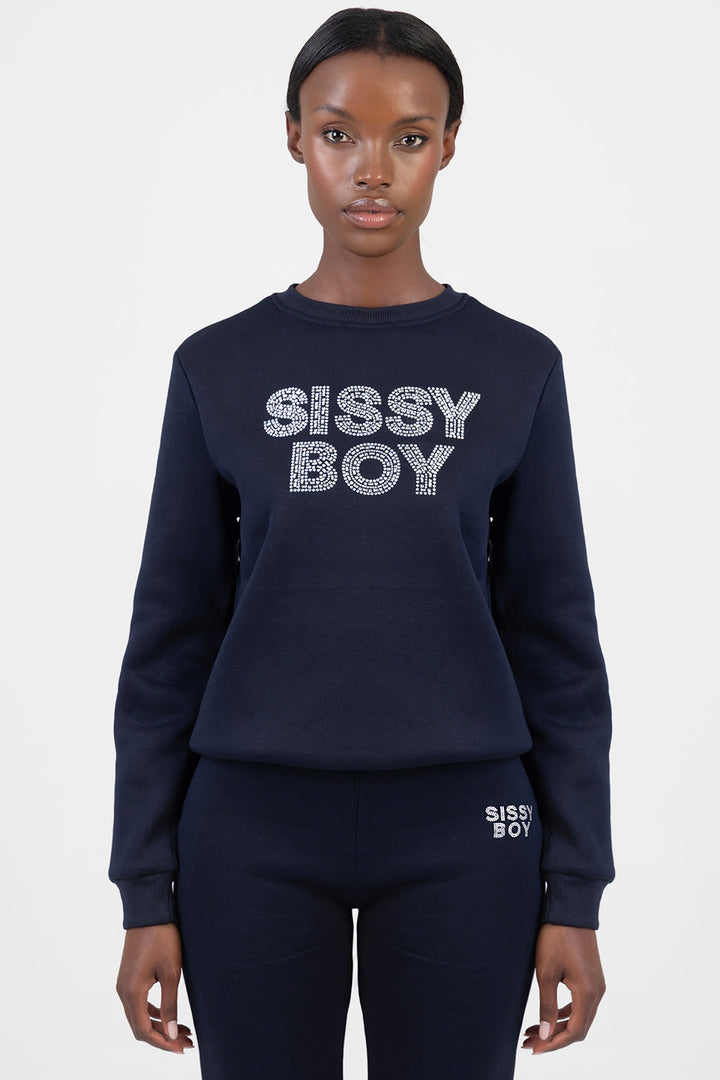 Hard To Forget Bling Detail Logo Sweat Top - Navy