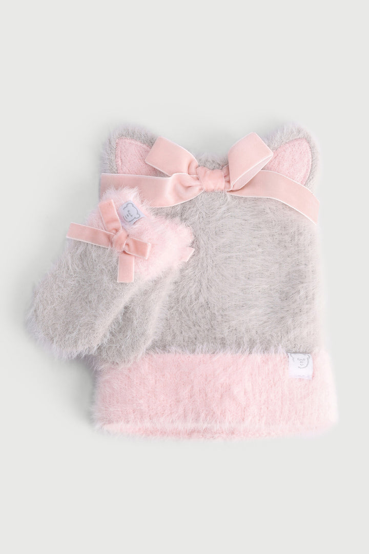 Baby Girls Novelty Bow Beanie & Mitten Set - Grey