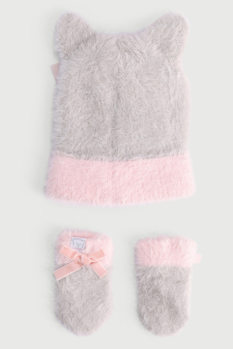 Baby Girls Novelty Bow Beanie & Mitten Set - Grey