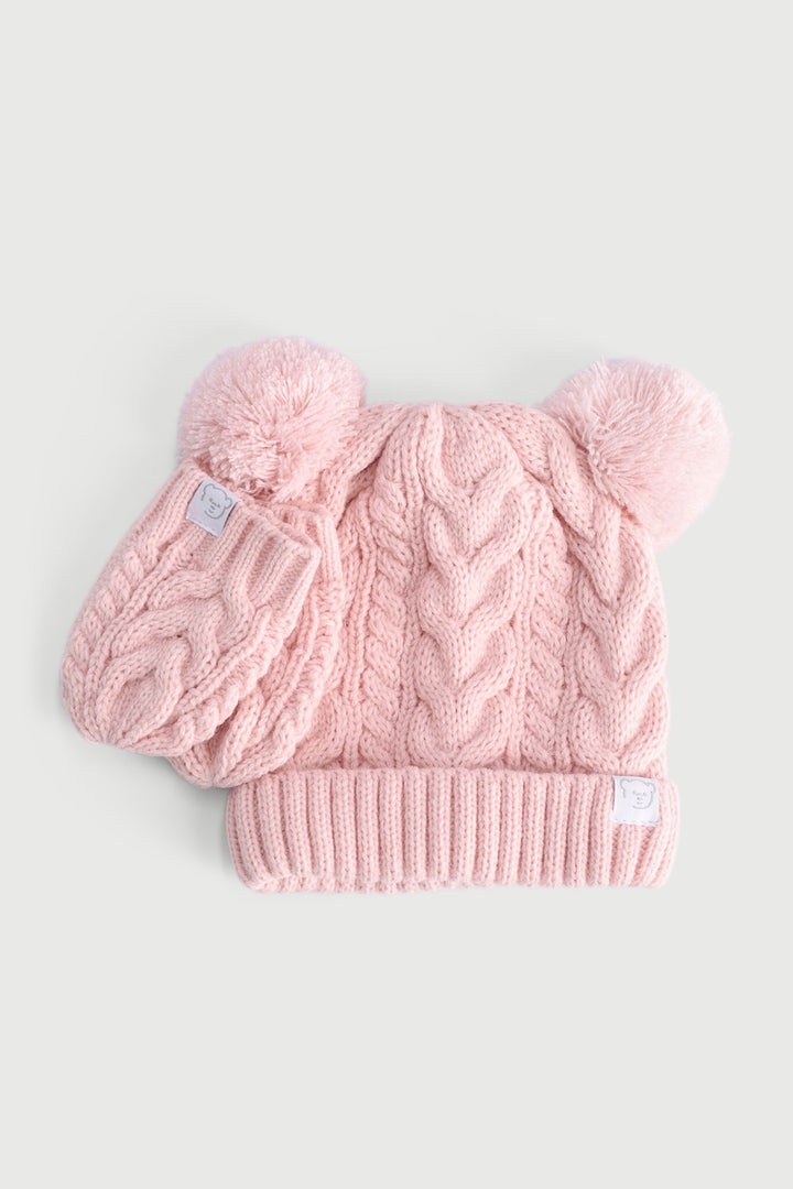 Baby Girls Pom Pom Beanie & Mittens Set - Pastel Pink