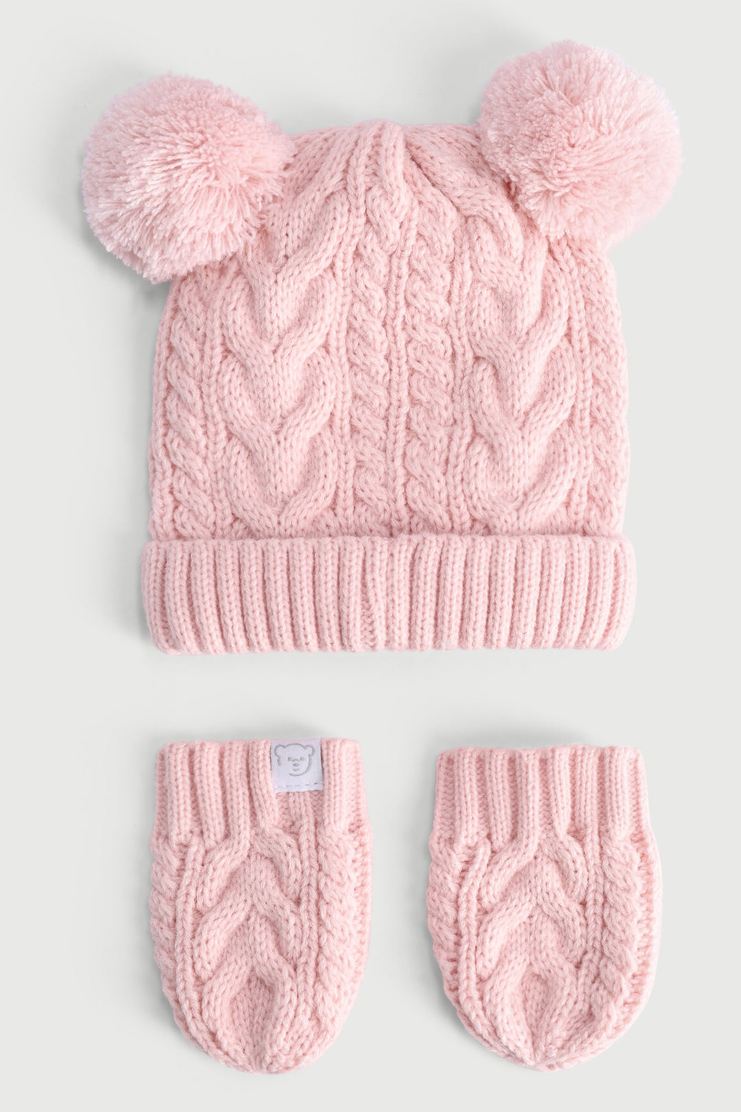 Baby Girls Pom Pom Beanie & Mittens Set - Pastel Pink