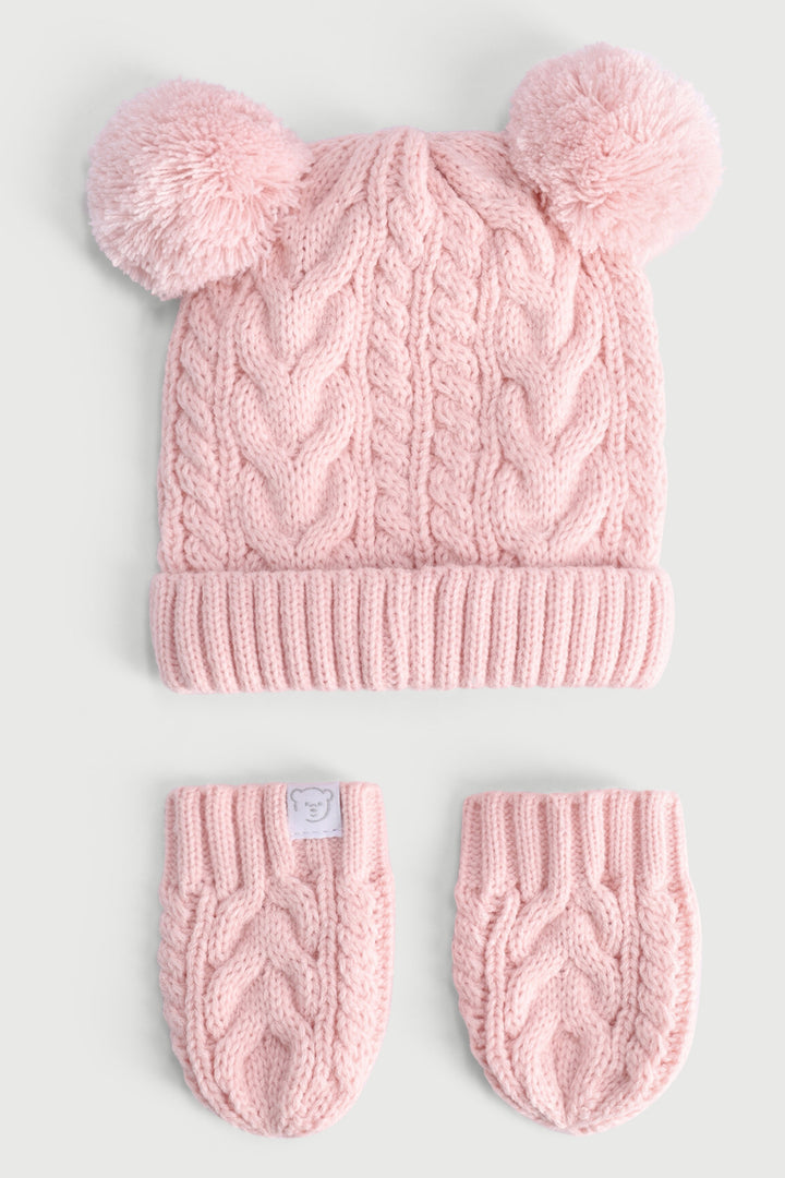 Baby Girls Pom Pom Beanie & Mittens Set - Pastel Pink