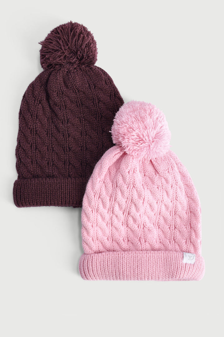 Baby Girls 2 Pack Pom Pom Beanie - Grape