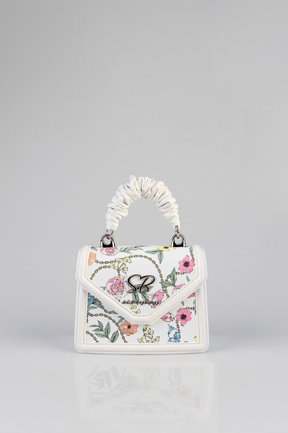 Flower Denim Print Bag With Pom Pom Handle - White