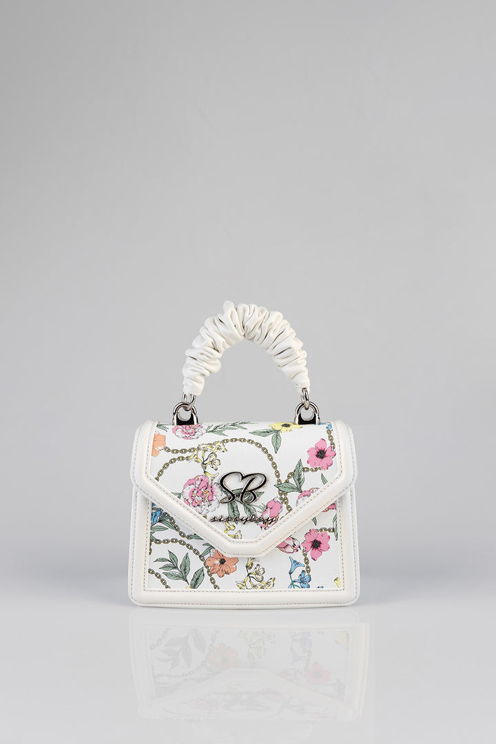Flower Denim Print Bag With Pom Pom Handle - White