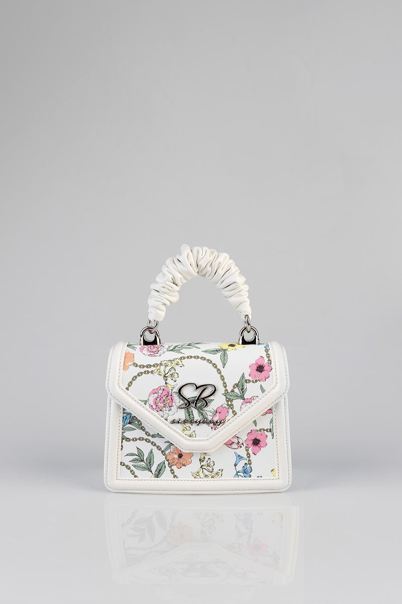 Flower Denim Print Bag With Pom Pom Handle - White