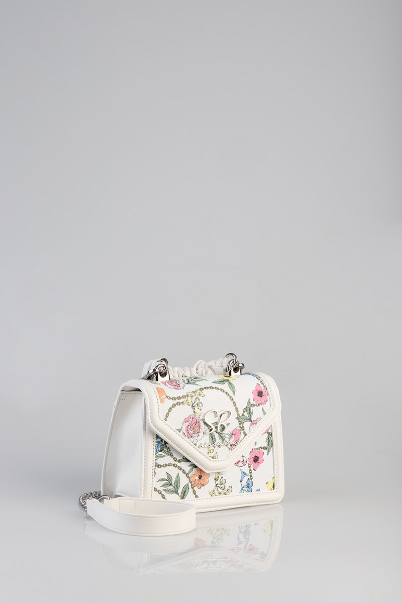 Flower Denim Print Bag With Pom Pom Handle - White