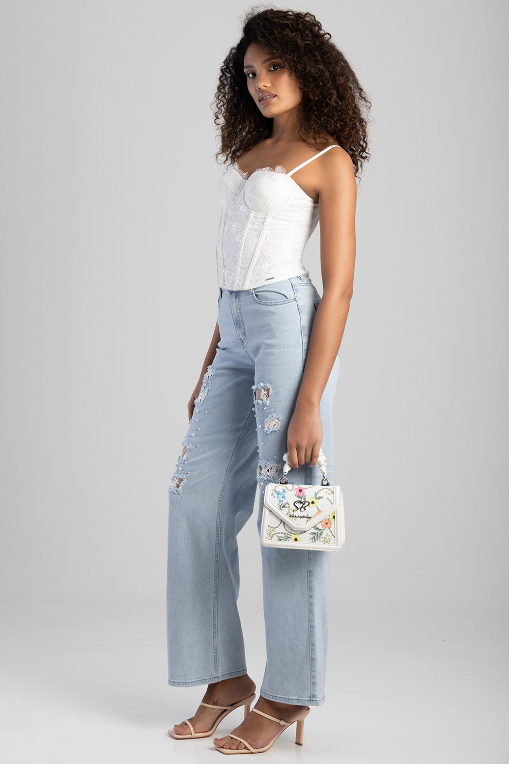 Flower Denim Print Bag With Pom Pom Handle - White
