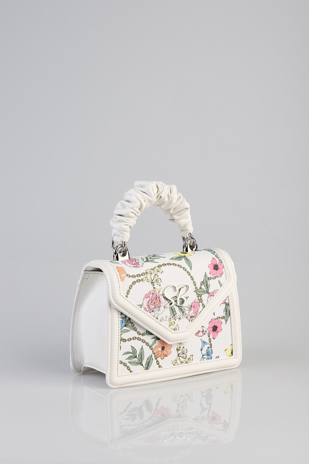 Flower Denim Print Bag With Pom Pom Handle - White