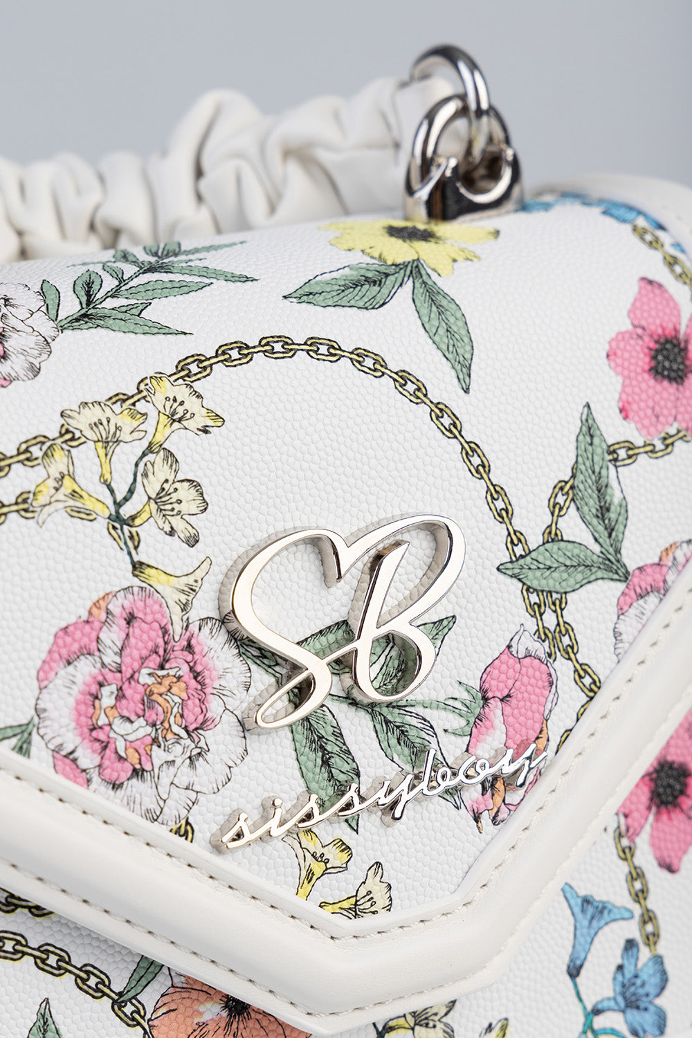 Flower Denim Print Bag With Pom Pom Handle - White