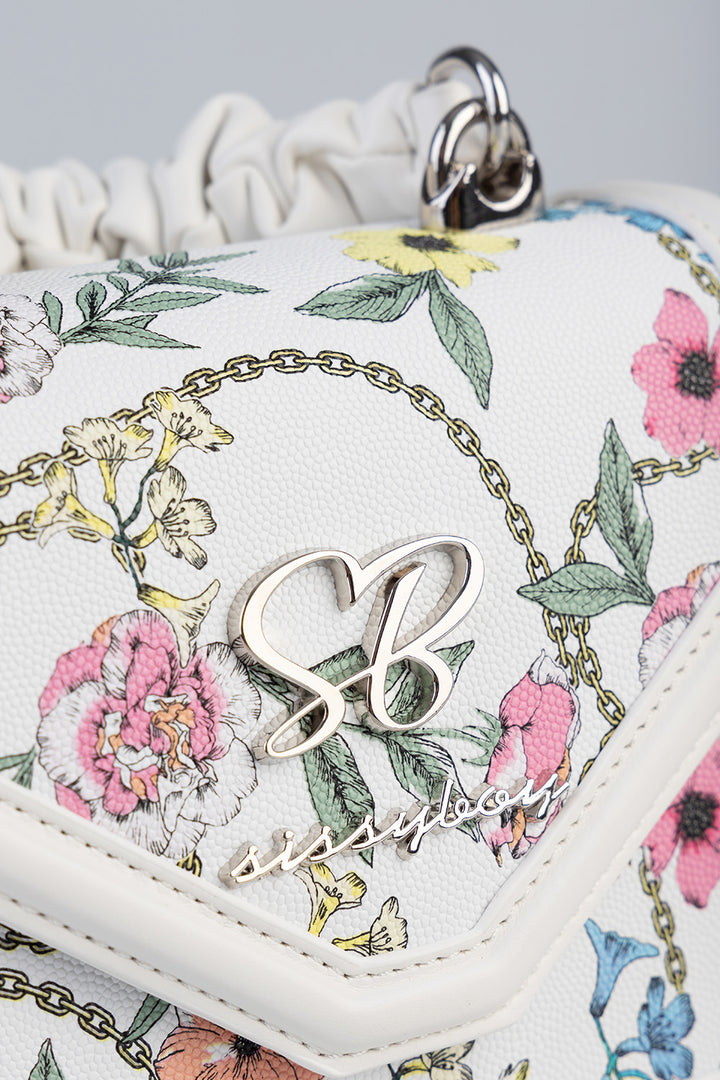 Flower Denim Print Bag With Pom Pom Handle - White
