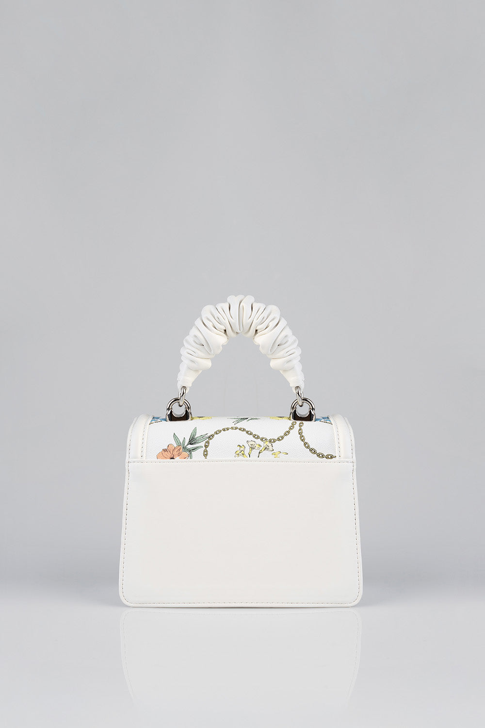 Flower Denim Print Bag With Pom Pom Handle - White