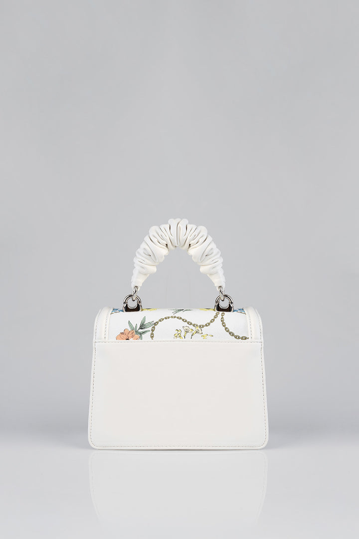 Flower Denim Print Bag With Pom Pom Handle - White