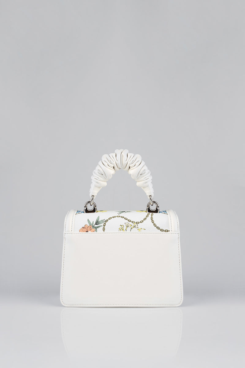 Flower Denim Print Bag With Pom Pom Handle - White