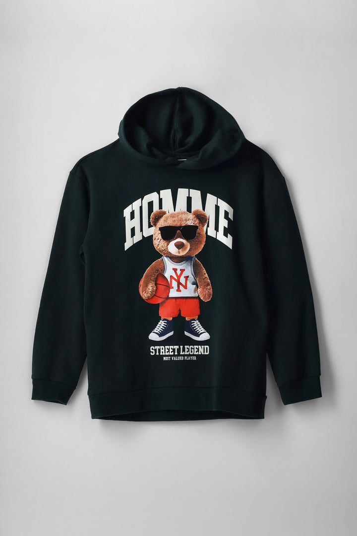 Boys Teddy Print Hoody - Green