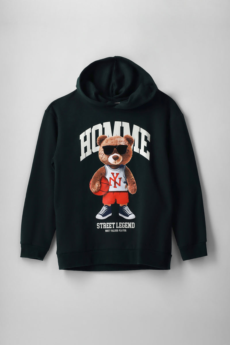 Boys Teddy Print Hoody - Green
