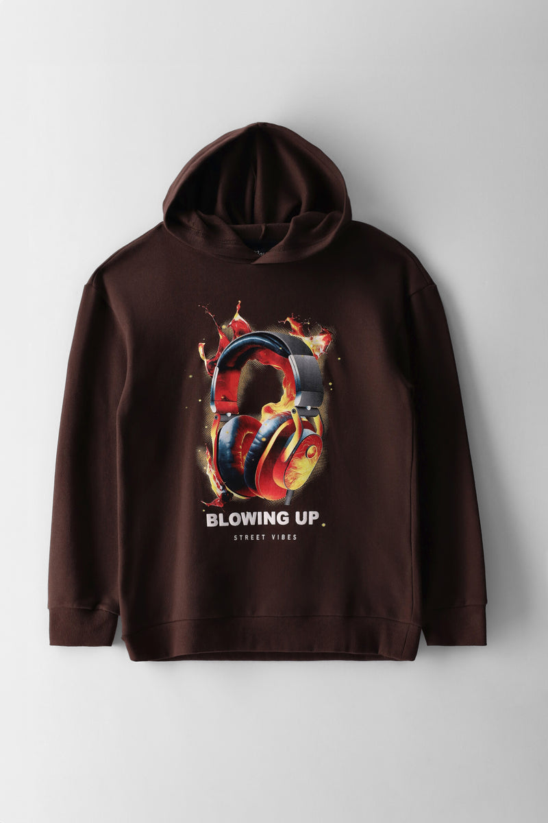 Boys Headphone Print Hoody - Chocolate