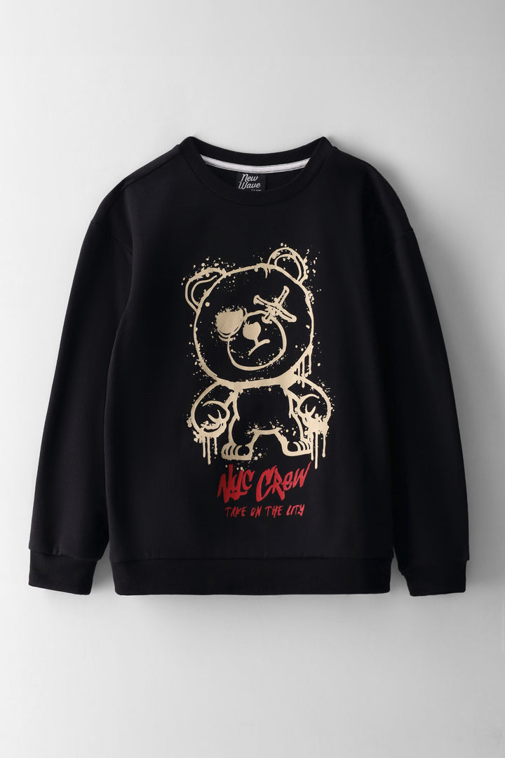 Boys Nyc Crew Teddy Print Fleece Top - Black