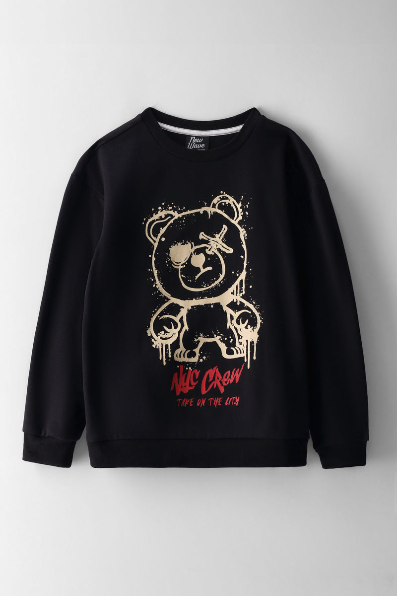 Boys Nyc Crew Teddy Print Fleece Top - Black