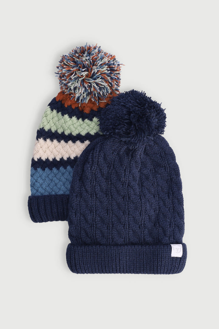 Baby Boys 2 Pack Pom Pom Multi Stripe Beanie - Navy