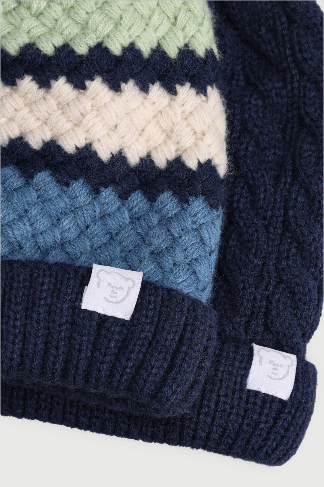Baby Boys 2 Pack Pom Pom Multi Stripe Beanie - Navy