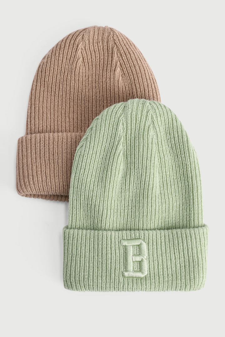 Baby Boys 2 Pack Embroidery Beanies - Sage