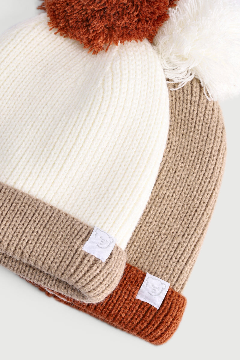 Baby Boys 2 Pack Colour Block Pom Pom Beanie - Nude