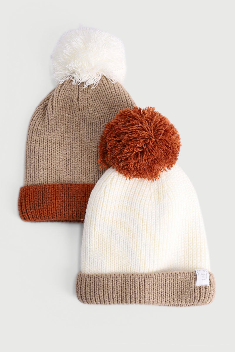 Baby Boys 2 Pack Colour Block Pom Pom Beanie - Nude