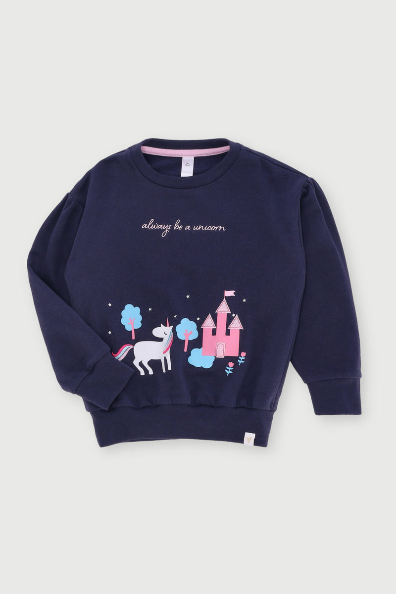 Pre-Girls Always Unicorn Fleece Top - Navy