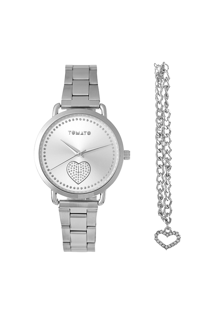 36Mm Clear Stones Watch + Love Bracelet Set - Silver