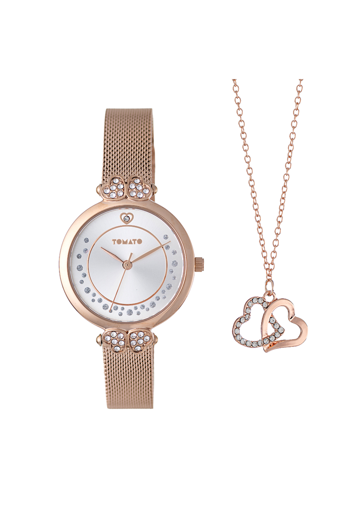 32Mm Mesh & Stones Watch + Link Heart Bracelet - Rose Gold